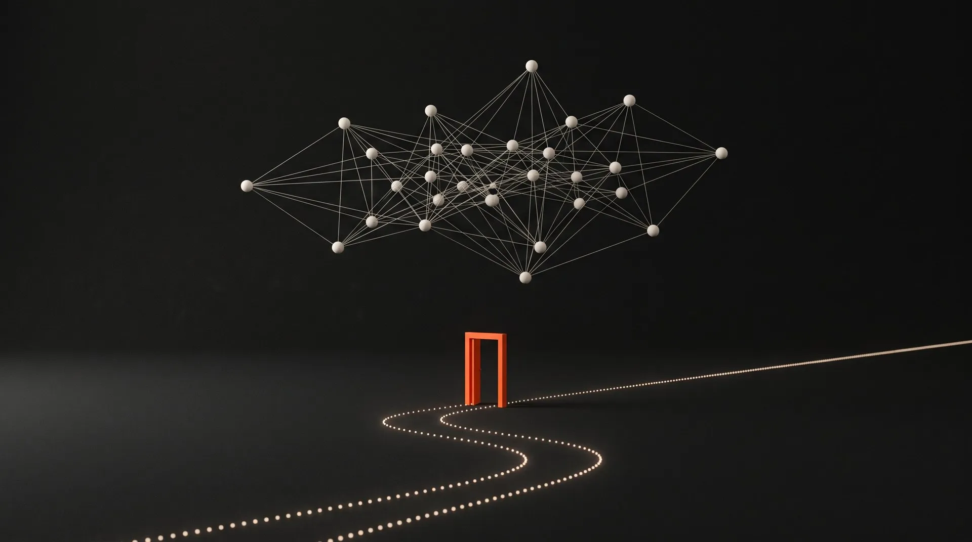 A graph of white nodes floats above a path of lights that passes through a single orange gate.